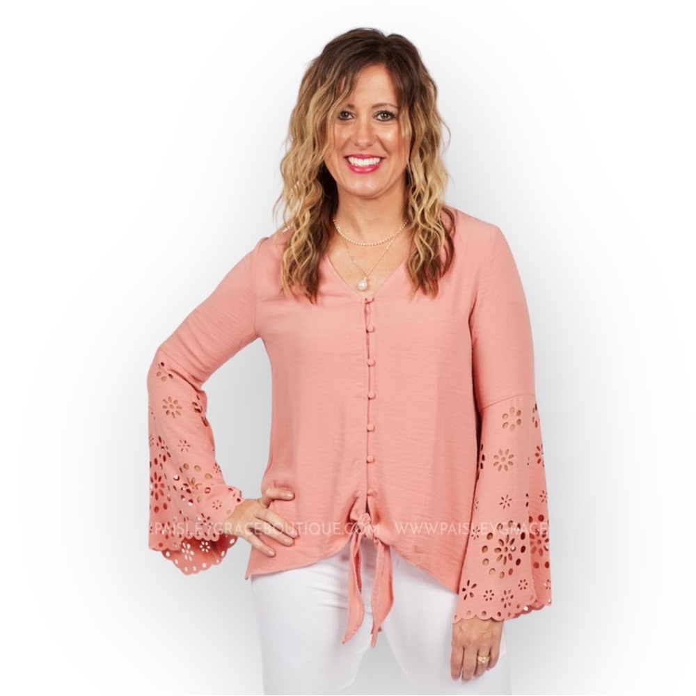 ODDY-Blush Pink Blouse-Long sleeves w/laser cut-NWT-Sz Med.